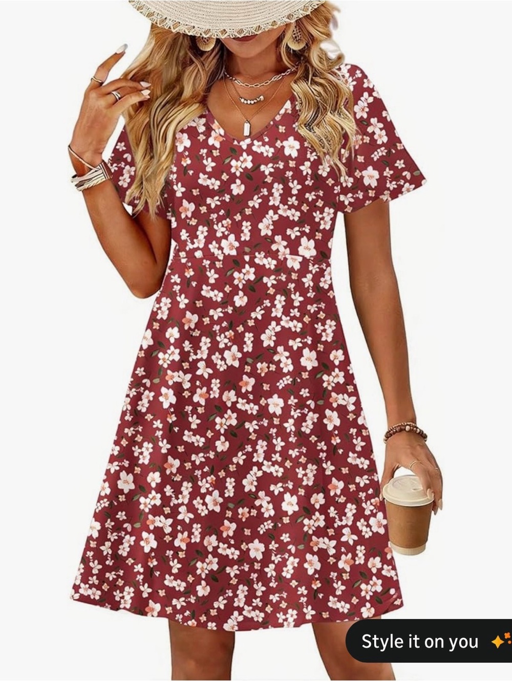 Floral V-Neck Short Sleeve A-Line Dress - Rust Floral with pockets size 2x